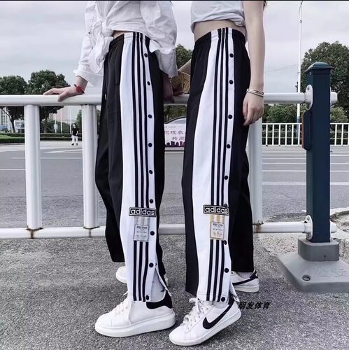 Adidas/三叶草男女黑白排扣裤子高腰直筒宽松美式运动长裤 GN2807