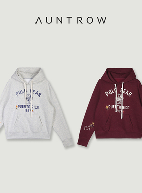 “雪花熊” 长绒棉混纺 la夫经典字母刺绣美式连帽卫衣