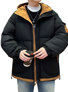 撞色拼接连帽棉服男秋冬季宽松