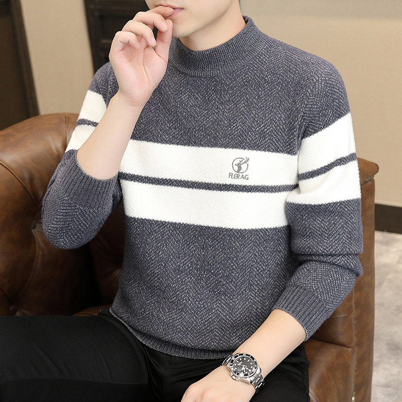 潮牌拼色毛衣男秋冬季半高领加厚青少年刺绣保暖上衣服打底针织衫