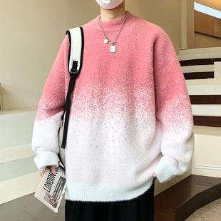 冬季加厚粉色毛衣男女潮流休闲个性套头情侣针织衫水貂绒毛线衣帅