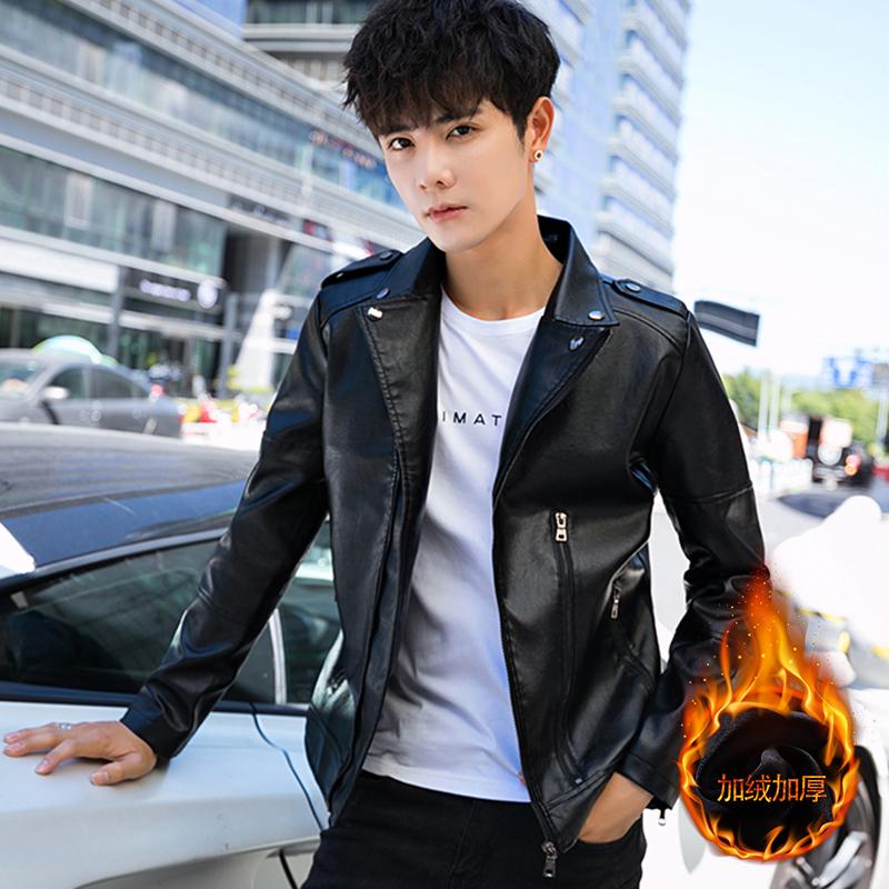 皮衣夹克男春秋冬季薄短款外套加绒加厚修身韩版潮流痞帅气机车服