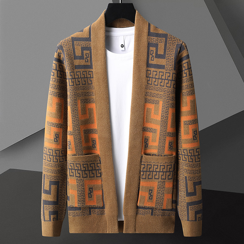 潮牌春秋季休闲针织开衫男韩版修身V领薄款长袖毛衣潮流提花上衣