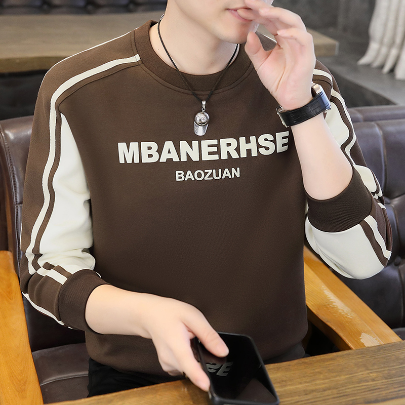 秋季新款拼接加绒加厚卫衣男士韩版潮流撞色学生圆领长袖T恤男帅