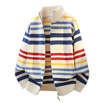 开衫毛衣男士外套条纹秋冬季厚款休闲拉链针织衫百搭保暖毛线衣帅