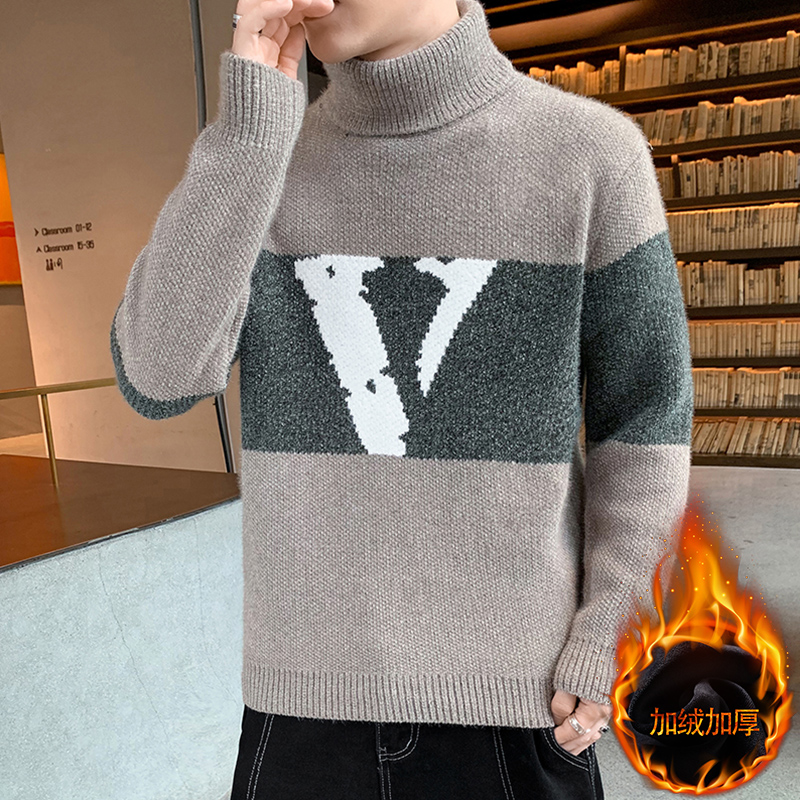 一体绒半高领毛衣男士冬季柔软水貂绒针织衫男士线衣加绒加厚外套