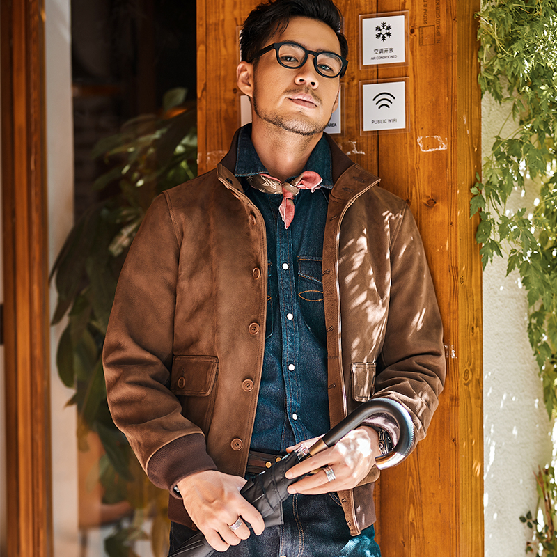 官羽头层牛皮真皮男士皮衣夹克