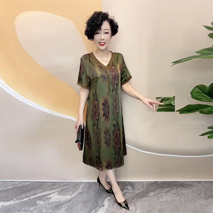 真丝长裙60岁妈妈国风大码 中老年人桑蚕丝连衣新款 印花遮肉长裙女