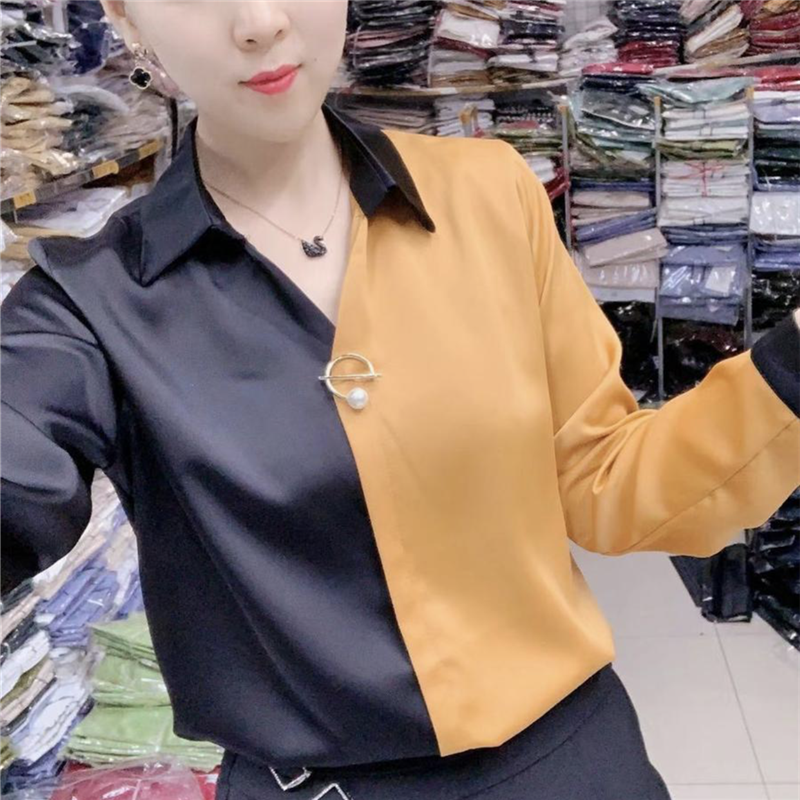 衬衫女春装季新款网红爆款拼色加厚缎面修身显瘦OL气质百搭打底衫
