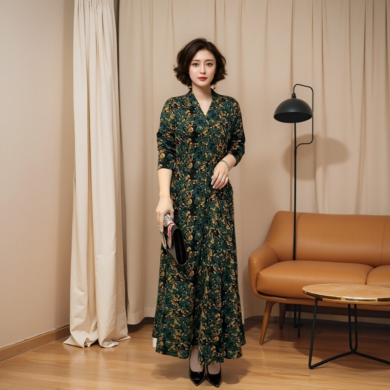高端优雅复古修身群中年妈妈春秋冬打底内搭过膝金貂绒长款连衣裙