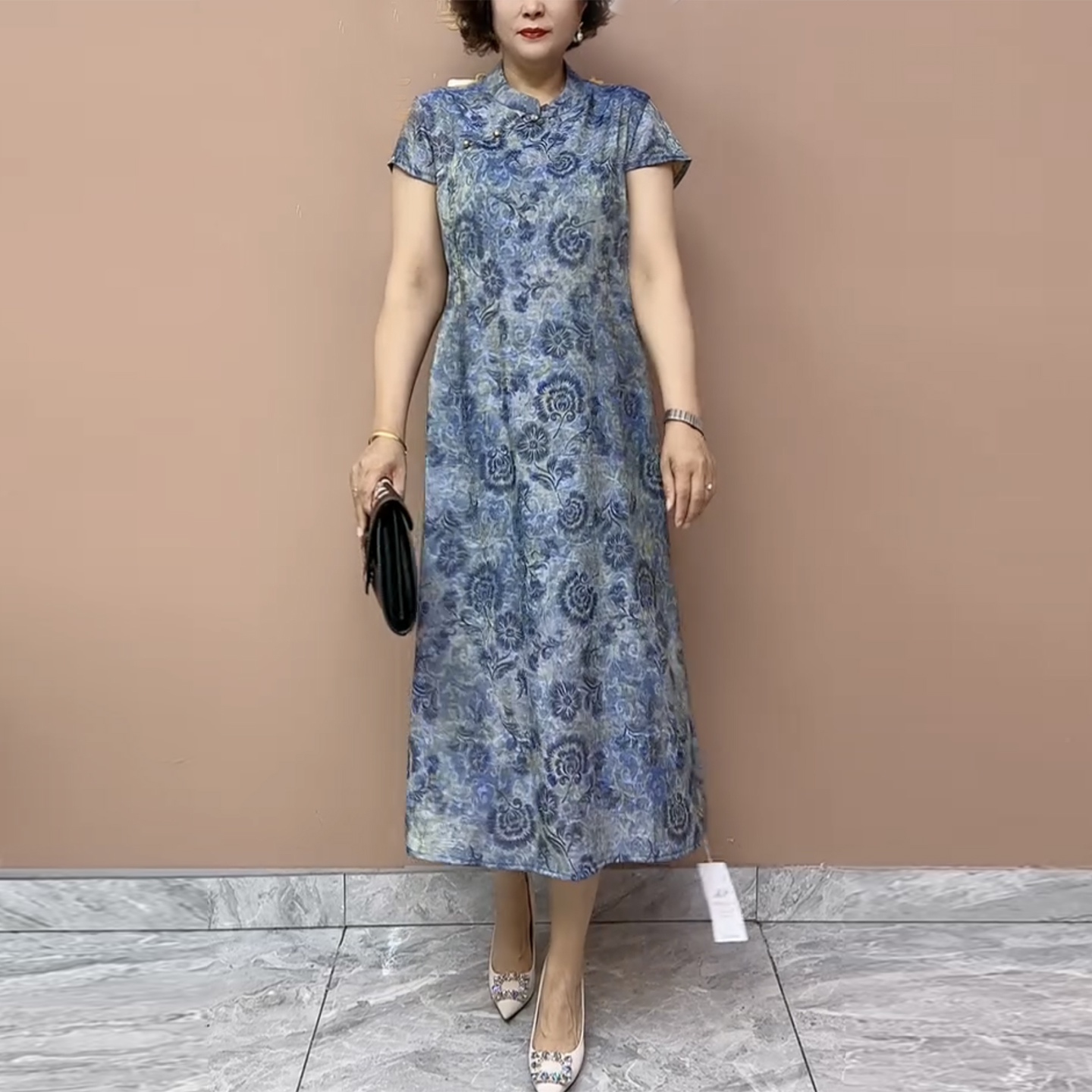 洋气妈妈真丝浮光锦旗袍连衣裙女