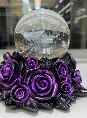 玫瑰花水晶球座 树脂工艺品摆件 天然玉石球托家居摆件