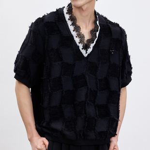 蜕幕｜巴洛克蕾丝边肌理格纹上衣Baroque Lace Trim Textured