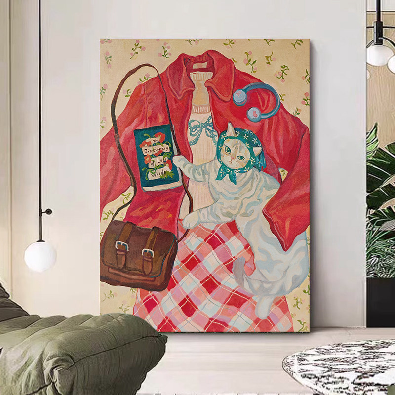 马蒂斯客餐厅装饰画猫咪温馨纯手绘油画法式奶油风玄关卧室挂画图片