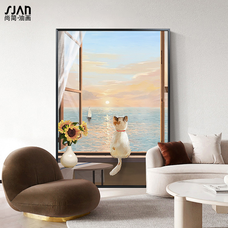 纯手绘油画玄关装饰画走廊竖版挂画轻奢海景日出风景壁画动物喵咪图片