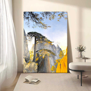 黄山迎客松手绘油画新中式砂岩东墙聚财装饰画客厅挂画玄关肌理画