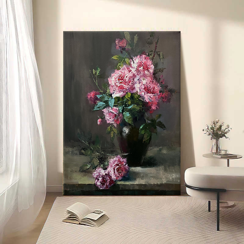 花开富贵古典牡丹手绘油画美式复古花瓶装饰画客厅挂画玄关肌理画图片
