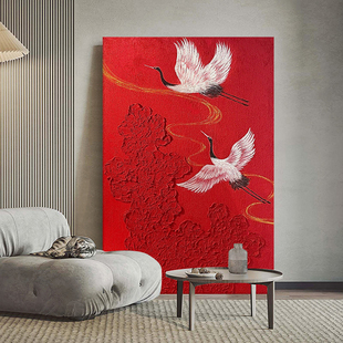 新中式瑞鹤呈祥玄关装饰画中国红仙鹤手绘油画客厅丹顶鹤肌理挂画