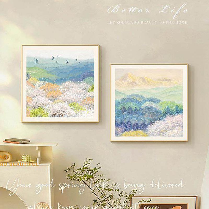 《春色花海》餐厅挂画日照金山手绘油画高级感双拼客厅装饰画图片