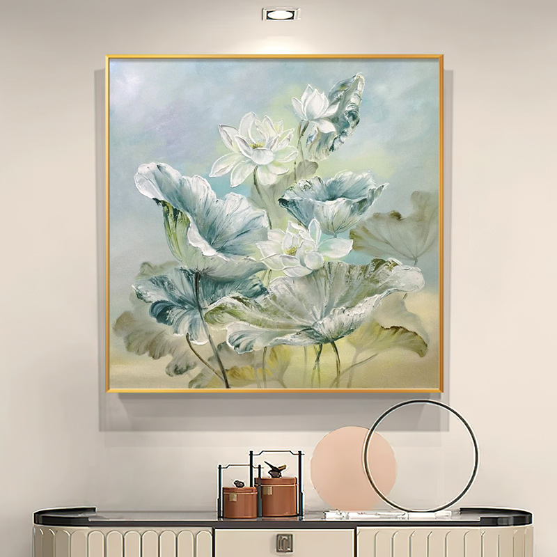 手绘油画花卉肌理客厅装饰画现代轻奢餐厅壁画玄关挂画高级感荷花图片