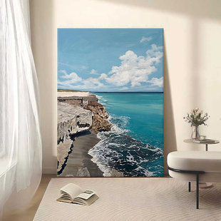 海阔天空手绘油画蓝色地中海浪现代简约装饰画客厅挂画玄关肌理画