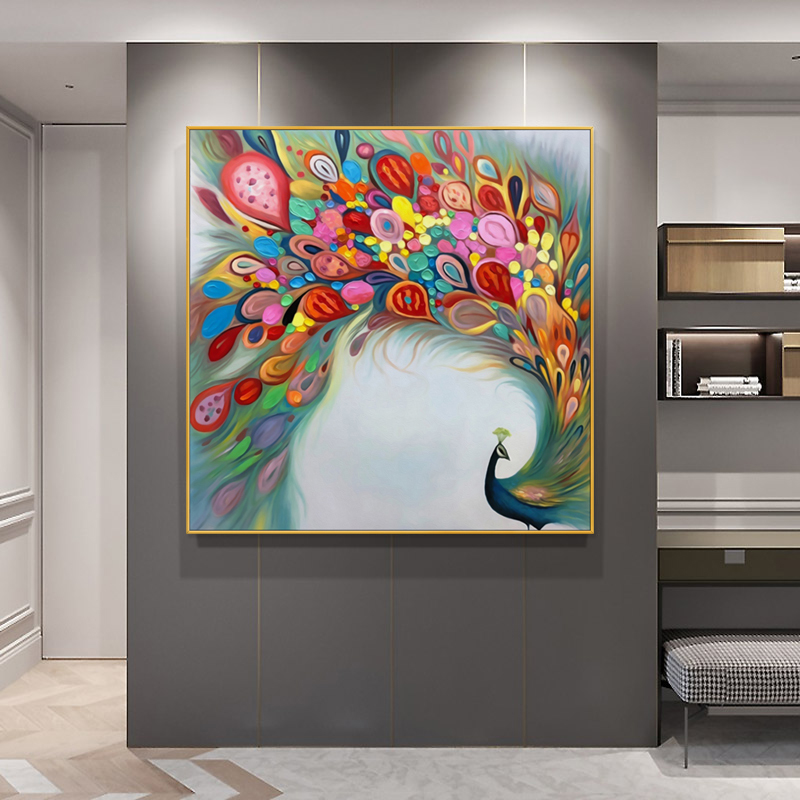 GY.ART原创《紫气东来》现代玄关过道餐厅抽象手绘油画孔雀装饰画图片