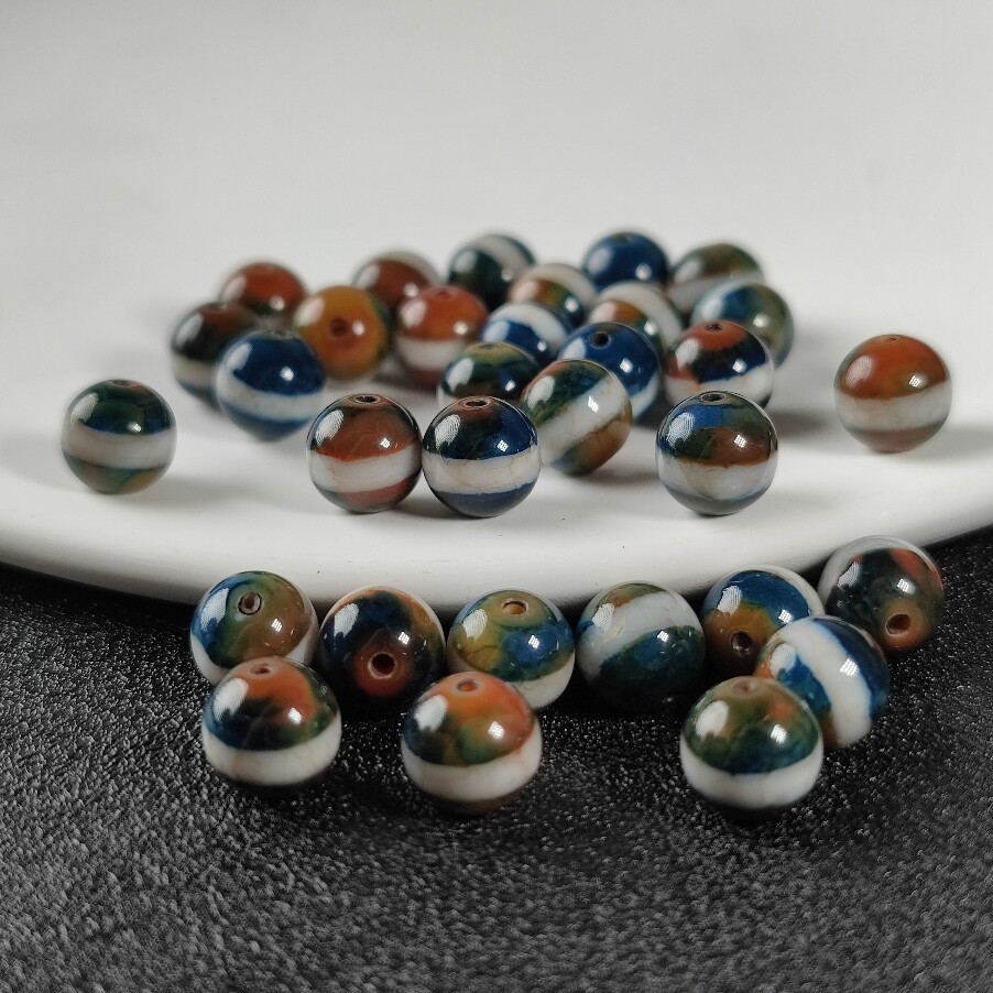 天然唐三彩玛瑙一线药师虎牙圆珠手串手链天珠配饰diy散珠配饰