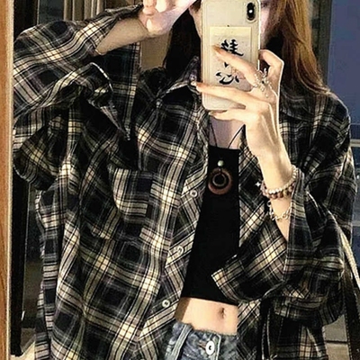 格纹衬衫复古冷淡风长袖防晒衬衣