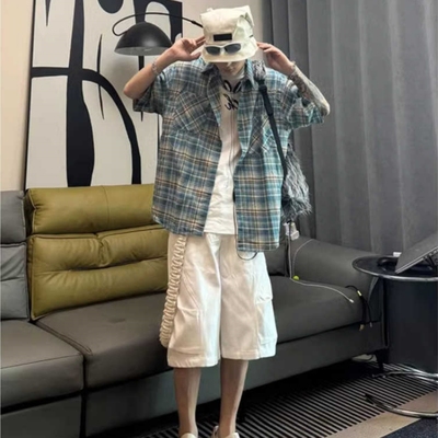 美式复古蓝色格子短袖衬衫