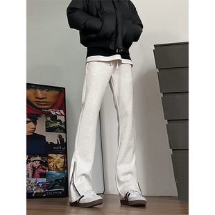 花灰色微喇卫裤男款春季潮牌美式高街侧拉链裤子高个子直筒休闲裤