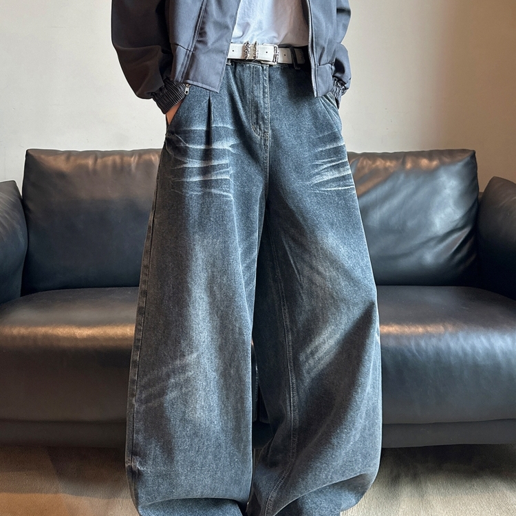 水洗复古阔腿牛仔裤男款vintage