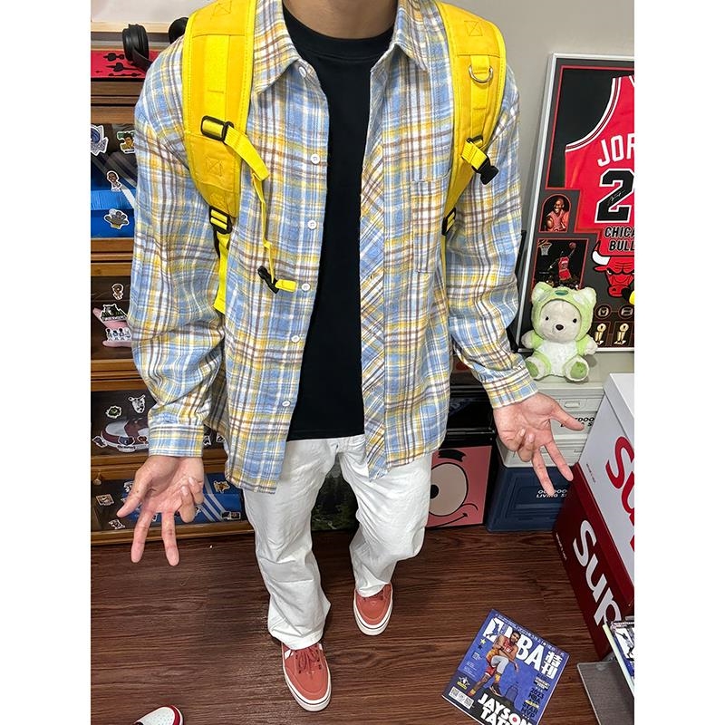黄蓝色磨毛格子衬衫男高级感长袖