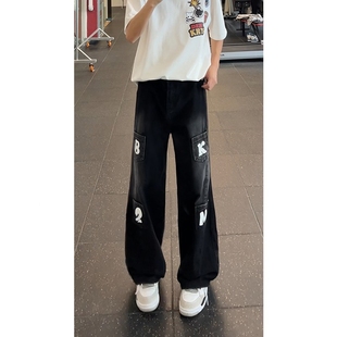 直筒裤 男女hiphop多口袋宽松阔腿裤 子 高街潮流印花黑色牛仔裤 美式