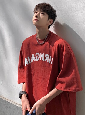 红色美式短袖t恤男款夏季潮牌宽松oversize高街潮流重磅高街衣服