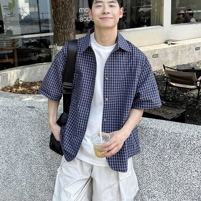 蓝色格子衬衫短袖男夏季