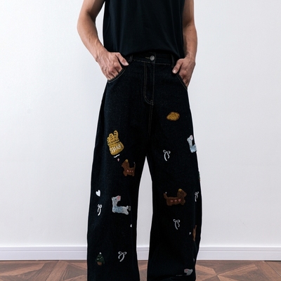 卡通刺绣弯刀牛仔裤男春秋季