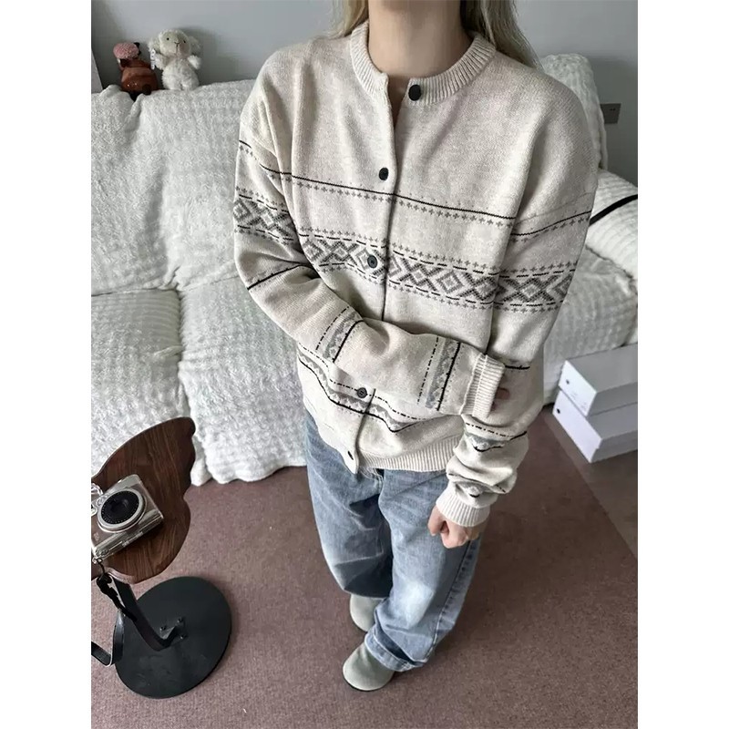 老钱风复古费尔岛提花针织开衫男女秋冬季软糯休闲宽松毛衣外套,男装,衬衫,淘宝优惠券,粉丝福利购,淘宝优惠卷