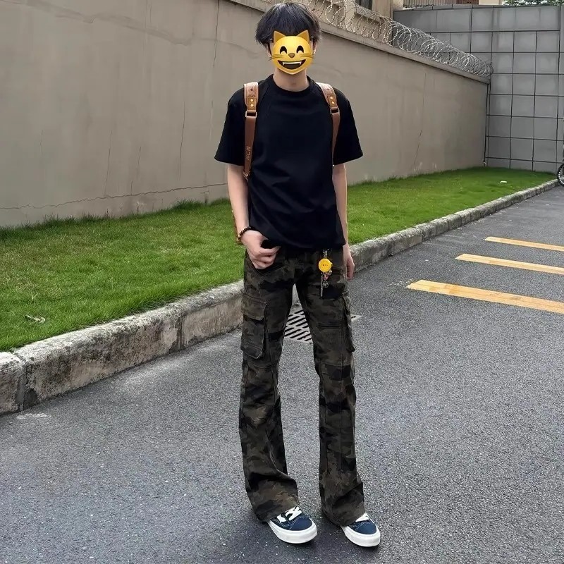 美式迷彩弯刀牛仔裤男生款春秋季款多口袋工装裤直筒窄版微喇裤子,男装,卫裤,淘宝优惠券,粉丝福利购,淘宝优惠卷