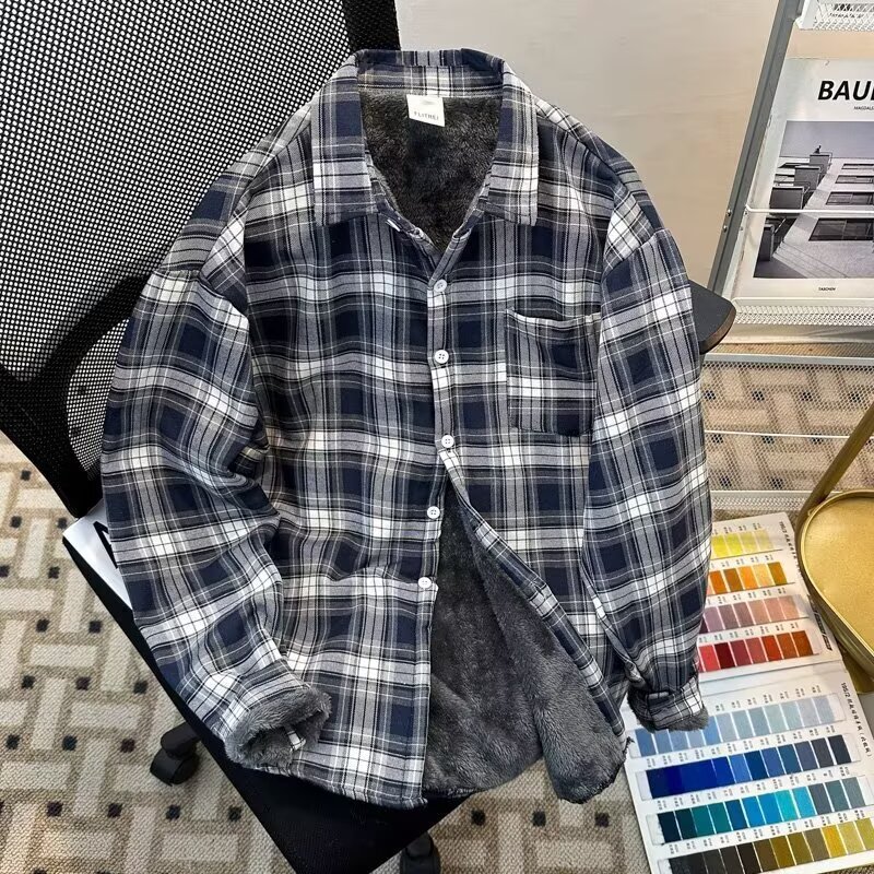 加绒加厚格子衬衫男长袖