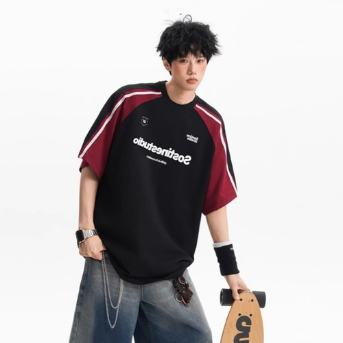 复古重磅拼接撞色插肩短袖男