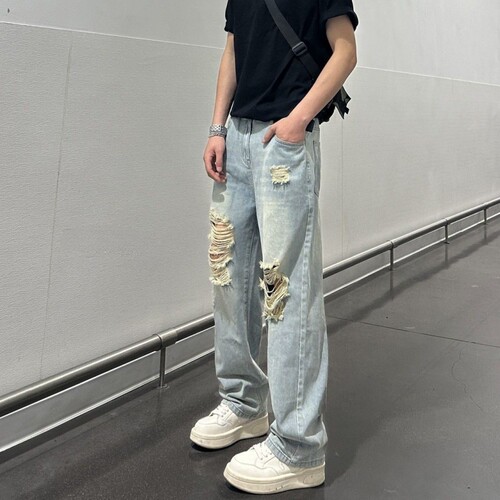 潮流美式破洞牛仔裤男夏季