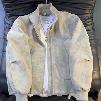 灰色扎染皮衣夹克男高级感