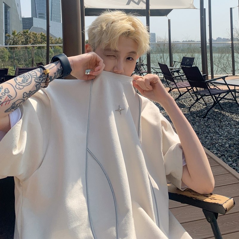 麂皮绒短袖t恤男夏季新款设计感小众反光条重磅宽松情侣半袖体恤,男装,卫衣,淘宝优惠券,粉丝福利购,淘宝优惠卷