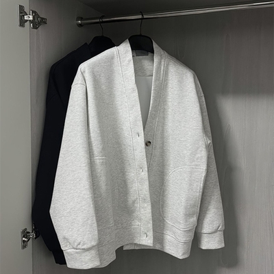 韩系灰色华夫格v领开衫卫衣