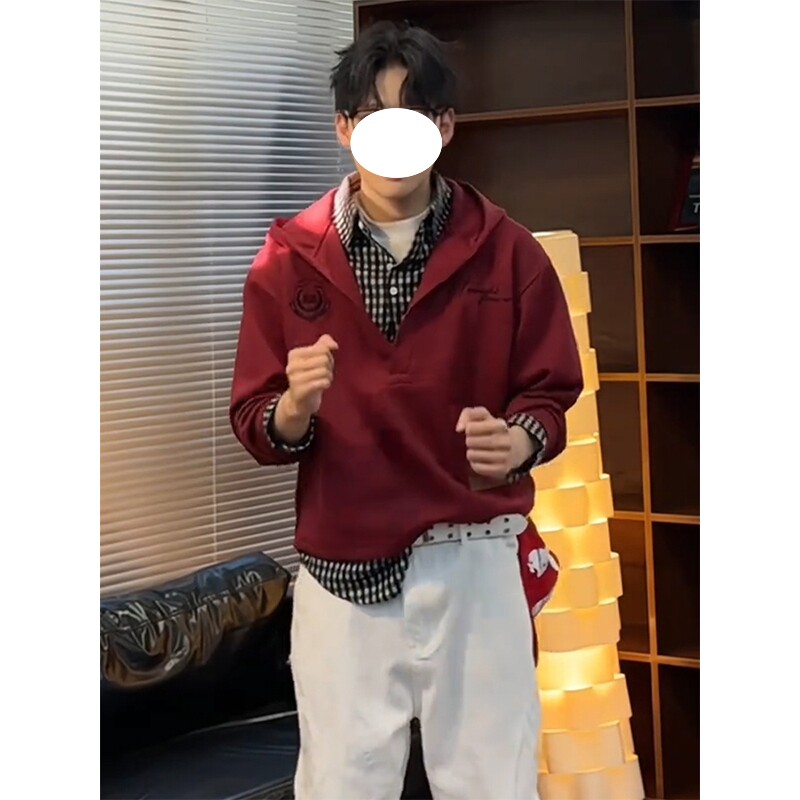 酒红色美式假两件格纹polo衫连帽卫衣男款秋季潮牌高级感情侣外套