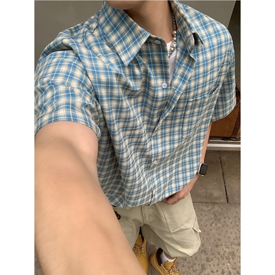 美式复古短袖格子衬衣男款夏季