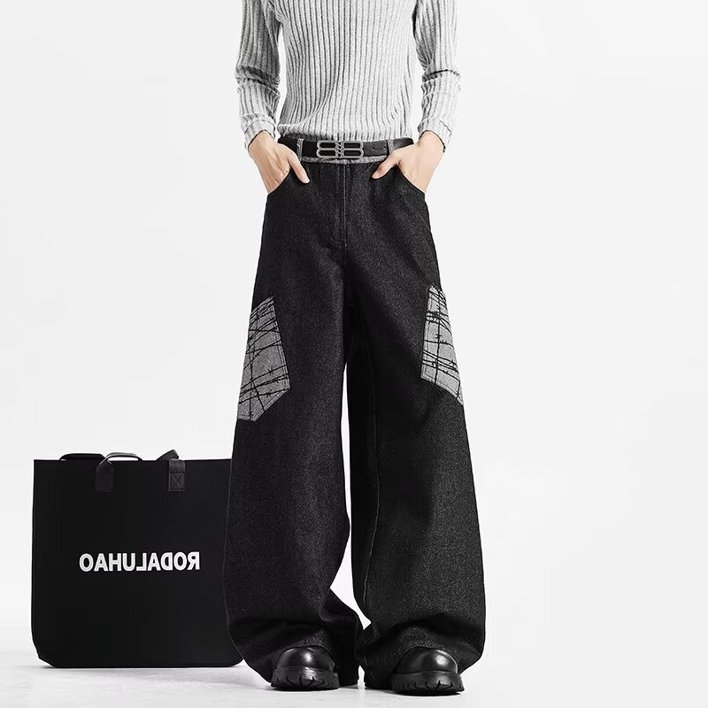 2025新款复古格纹大口袋弯刀拼接牛仔裤男女休闲美式直筒宽松休闲,男装,卫裤,淘宝优惠券,粉丝福利购,淘宝优惠卷