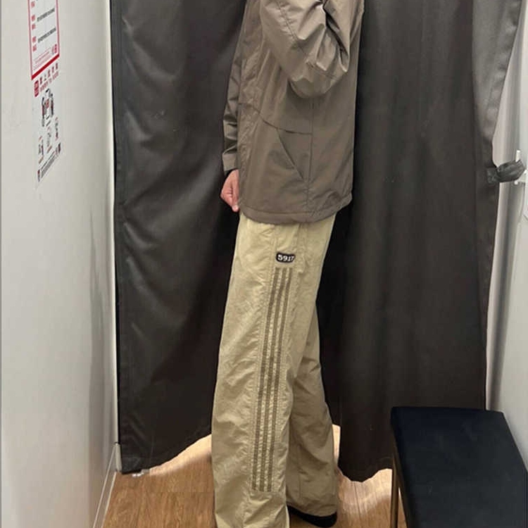 美式复古条纹拼接裤子宽松