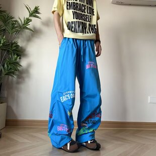 抽绳阔腿裤 美式 宽松简约防晒情侣休闲裤 男夏季 复古字母印花伞兵裤