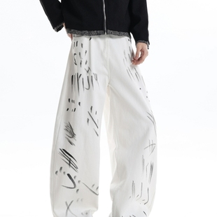 潮牌设计感宽松阔腿裤 男cleanfit美式 涂鸦街头风休闲牛仔裤 春秋季